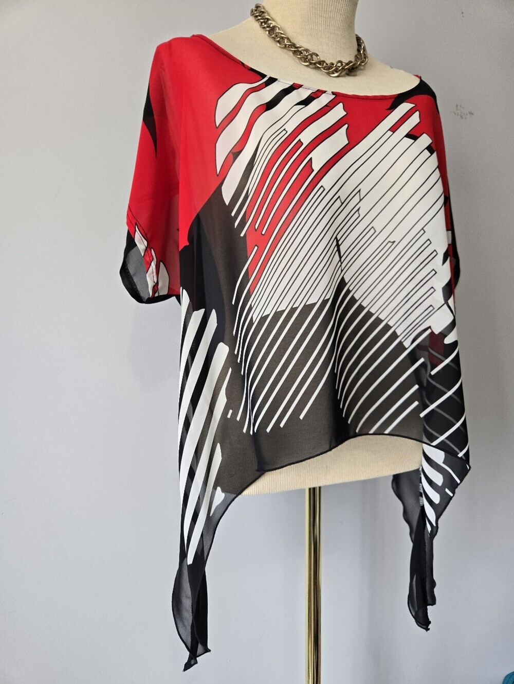 Joseph Ribkoff Crop Red, Black & White Abstract Print Sheer Top. Size 4 - Picture 2 of 10
